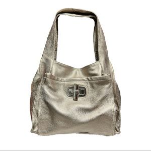 B. Makowsky Pewter glove leather bag with many pockets